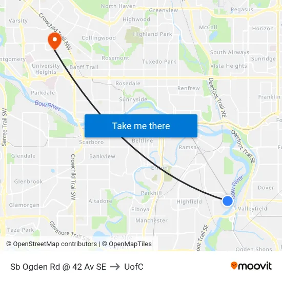 Sb Ogden Rd @ 42 Av SE to UofC map