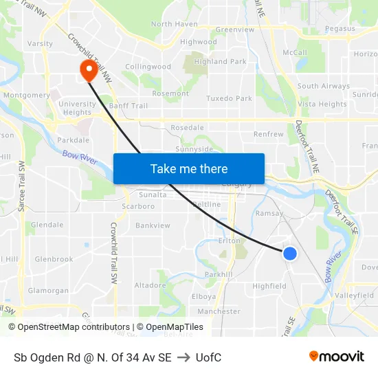 Sb Ogden Rd @ N. Of 34 Av SE to UofC map