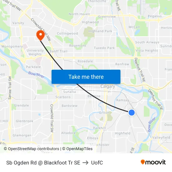 Sb Ogden Rd @ Blackfoot Tr SE to UofC map