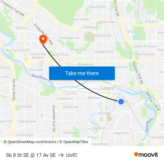 Sb 8 St SE @ 17 Av SE to UofC map
