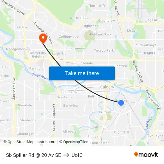Sb Spiller Rd @ 20 Av SE to UofC map