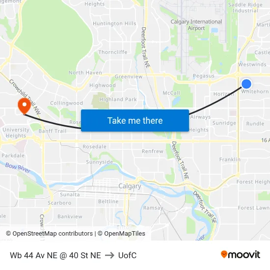 Wb 44 Av NE @ 40 St NE to UofC map