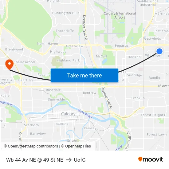 Wb 44 Av NE @ 49 St NE to UofC map