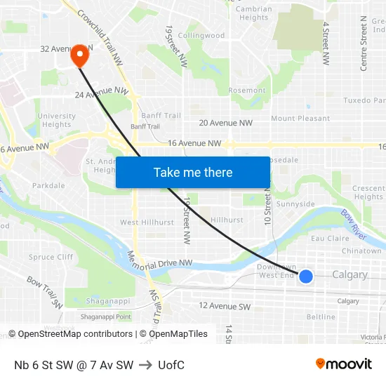 Nb 6 St SW @ 7 Av SW to UofC map
