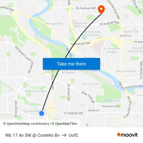 Wb 17 Av SW @ Costello Bv to UofC map