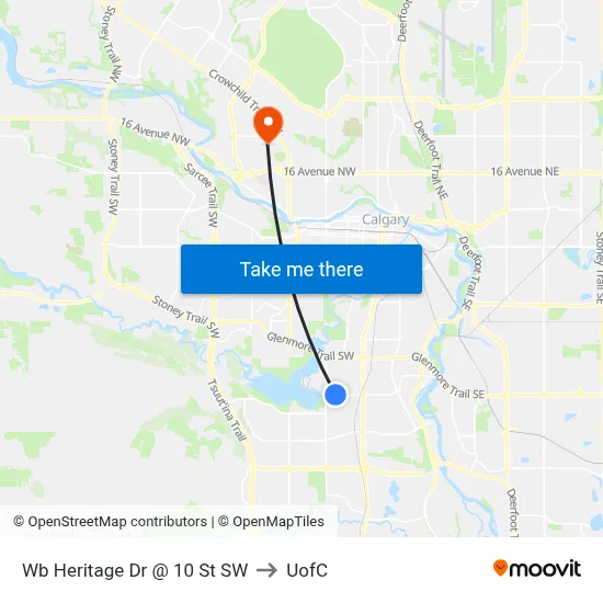 Wb Heritage Dr @ 10 St SW to UofC map