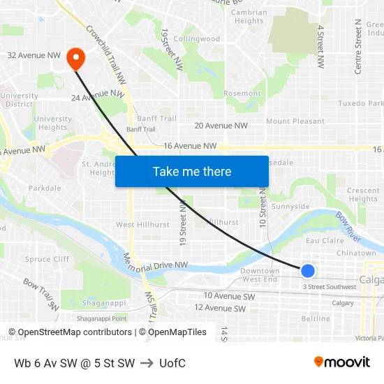 Wb 6 Av SW @ 5 St SW to UofC map