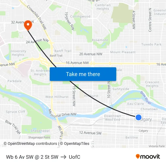 Wb 6 Av SW @ 2 St SW to UofC map