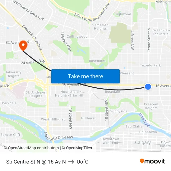Sb Centre St N @ 16 Av N to UofC map