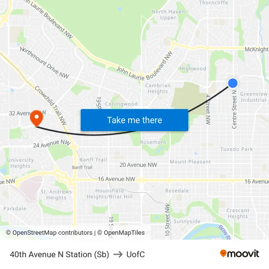40th Avenue N Station (Sb) to UofC map