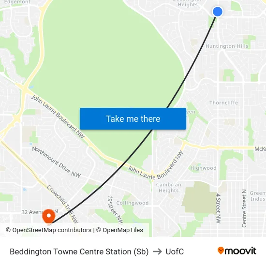 Beddington Towne Centre Station (Sb) to UofC map