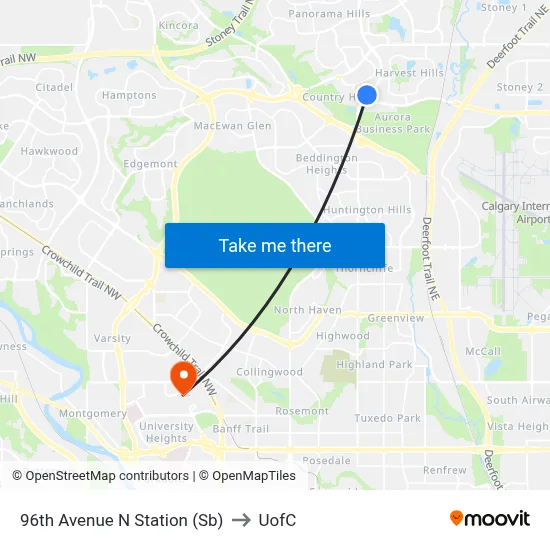 96th Avenue N Station (Sb) to UofC map
