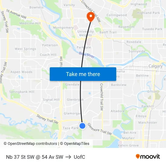 Nb 37 St SW @ 54 Av SW to UofC map