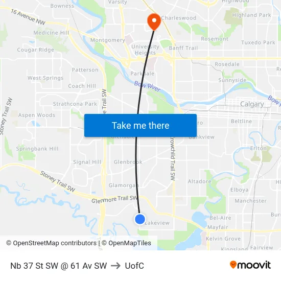 Nb 37 St SW @ 61 Av SW to UofC map