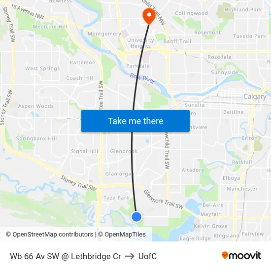 Wb 66 Av SW @ Lethbridge Cr to UofC map