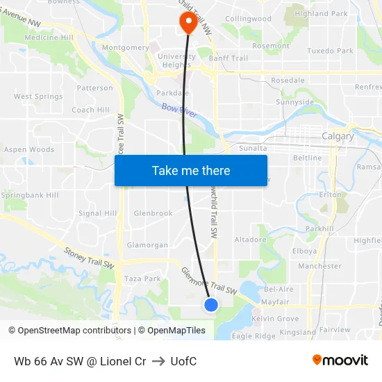 Wb 66 Av SW @ Lionel Cr to UofC map
