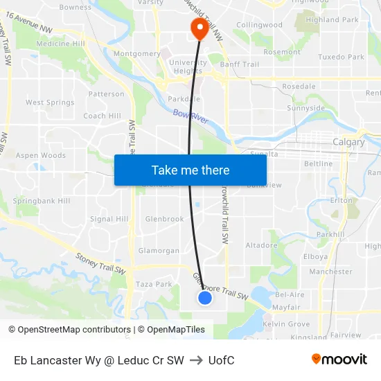 Eb Lancaster Wy @ Leduc Cr SW to UofC map