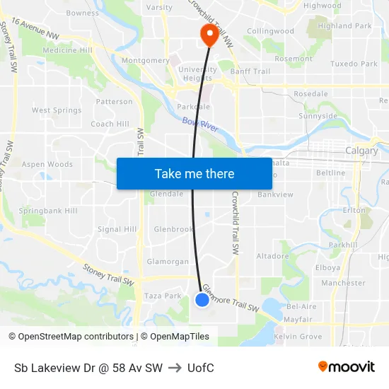 Sb Lakeview Dr @ 58 Av SW to UofC map
