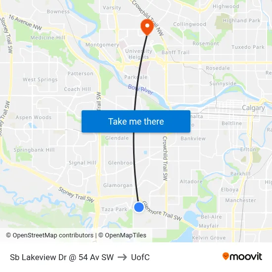 Sb Lakeview Dr @ 54 Av SW to UofC map