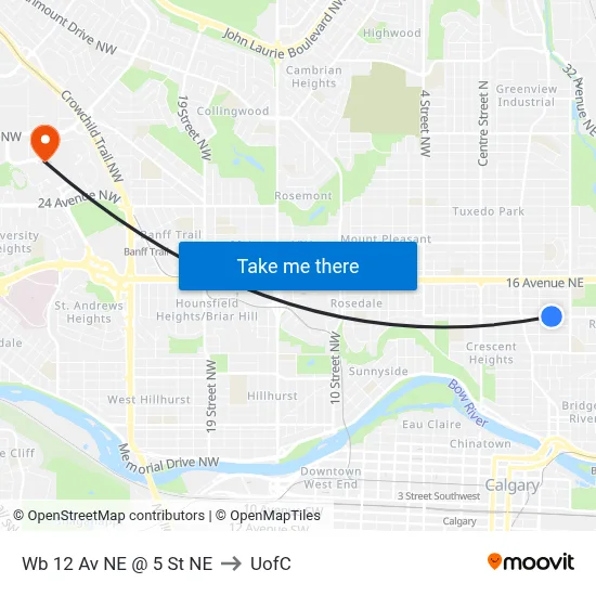 Wb 12 Av NE @ 5 St NE to UofC map