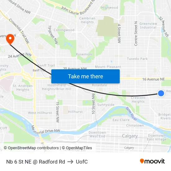 Nb 6 St NE @ Radford Rd to UofC map