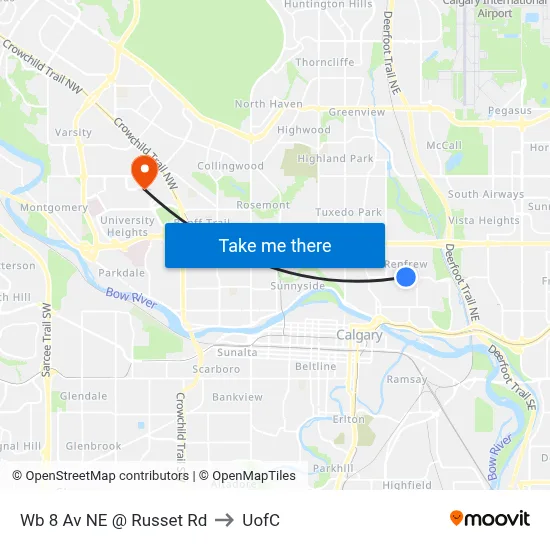 Wb 8 Av NE @ Russet Rd to UofC map