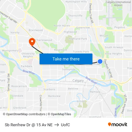 Sb Renfrew Dr @ 15 Av NE to UofC map