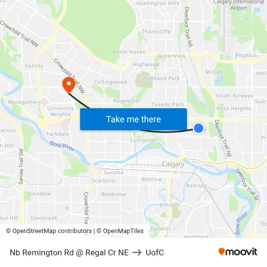 Nb Remington Rd @ Regal Cr NE to UofC map
