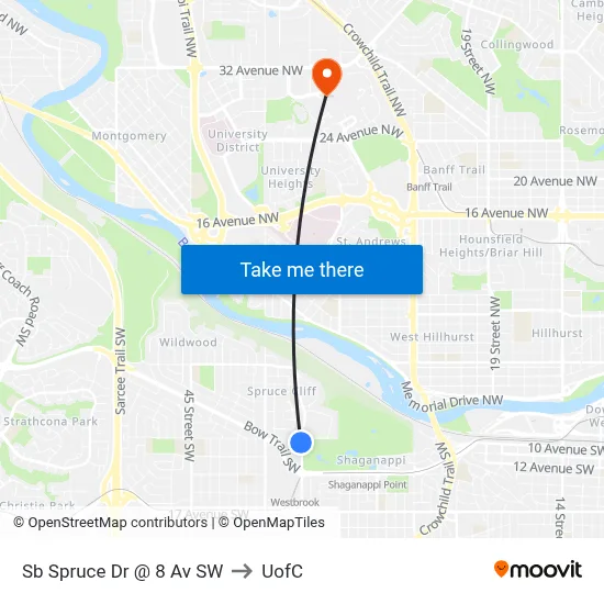 Sb Spruce Dr @ 8 Av SW to UofC map