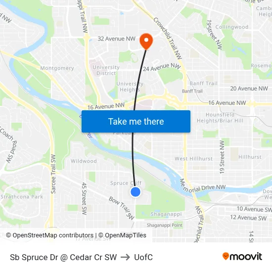 Sb Spruce Dr @ Cedar Cr SW to UofC map