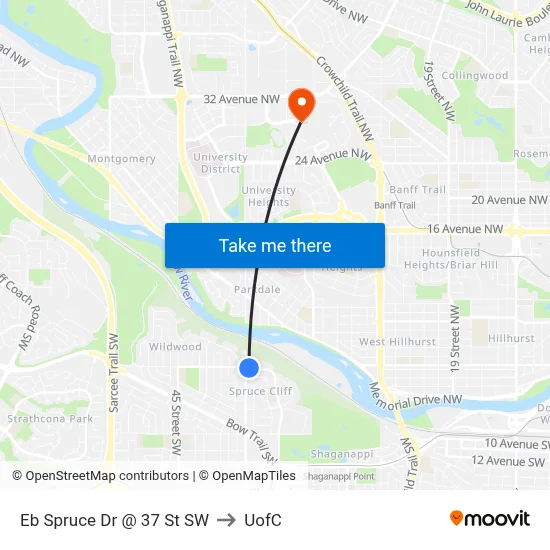 Eb Spruce Dr @ 37 St SW to UofC map