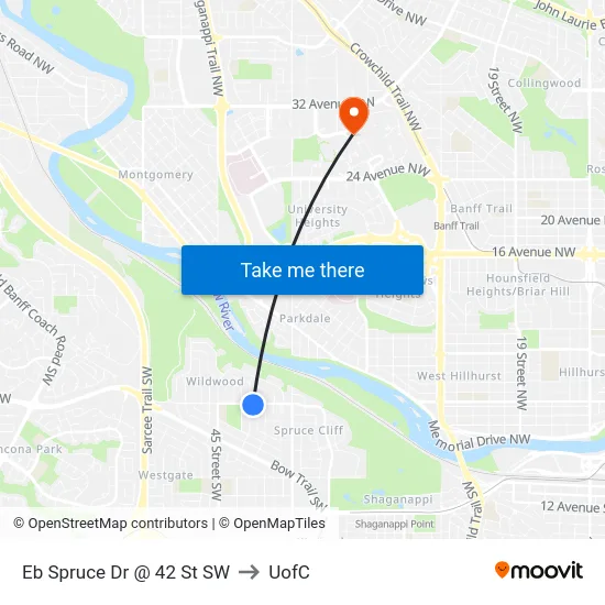 Eb Spruce Dr @ 42 St SW to UofC map