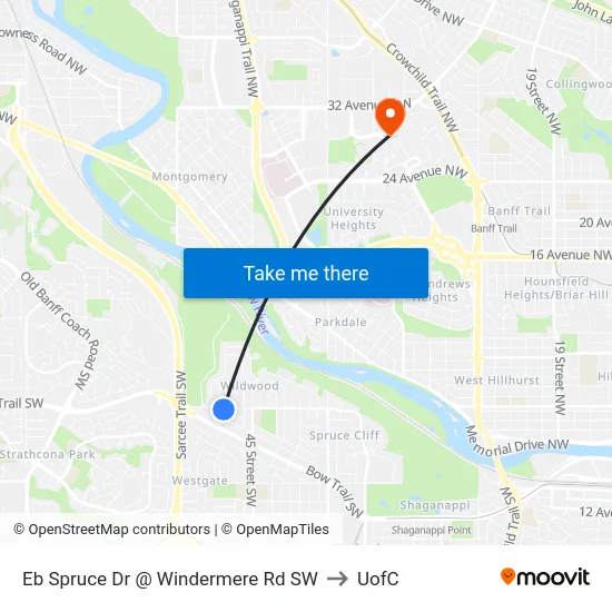 Eb Spruce Dr @ Windermere Rd SW to UofC map
