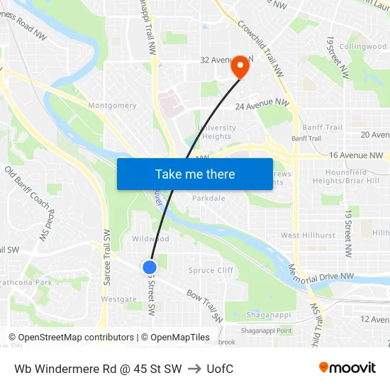 Wb Windermere Rd @ 45 St SW to UofC map