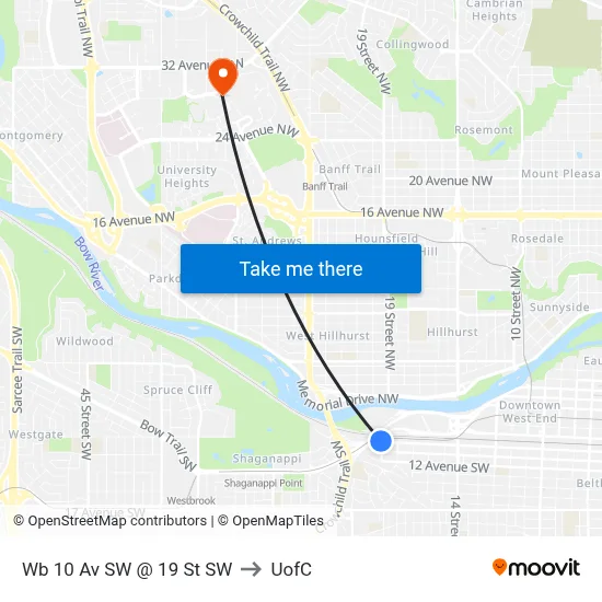 Wb 10 Av SW @ 19 St SW to UofC map