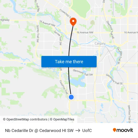 Nb Cedarille Dr @ Cedarwood Hl SW to UofC map