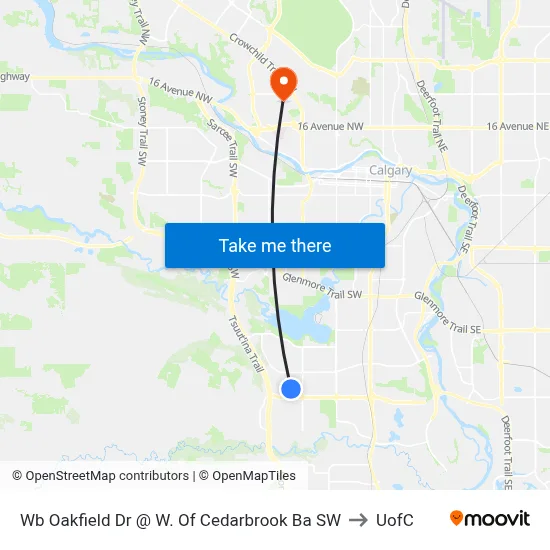Wb Oakfield Dr @ W. Of Cedarbrook Ba SW to UofC map