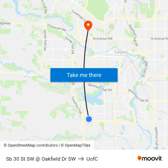 Sb 30 St SW @ Oakfield Dr SW to UofC map