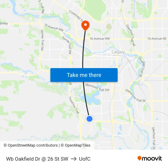 Wb Oakfield Dr @ 26 St SW to UofC map