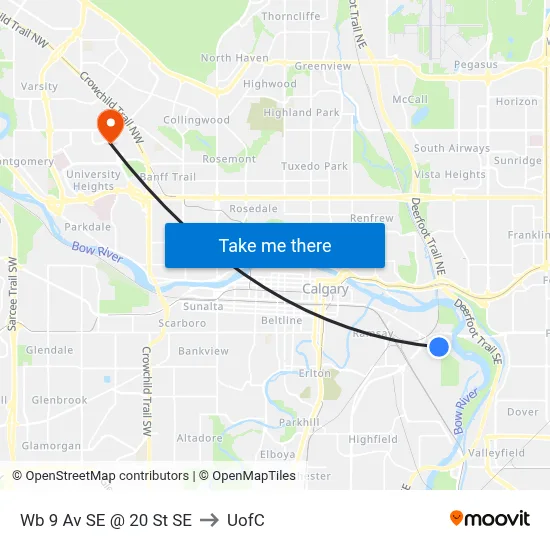 Wb 9 Av SE @ 20 St SE to UofC map