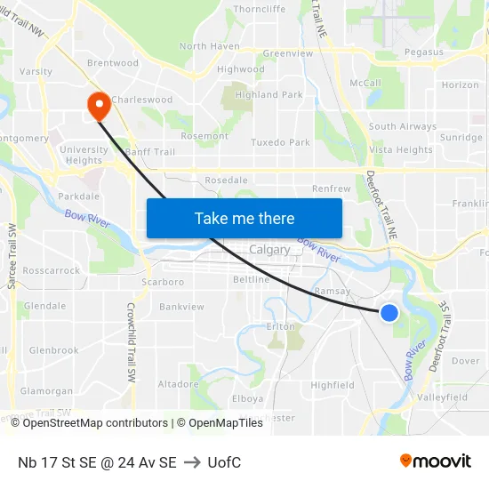 Nb 17 St SE @ 24 Av SE to UofC map