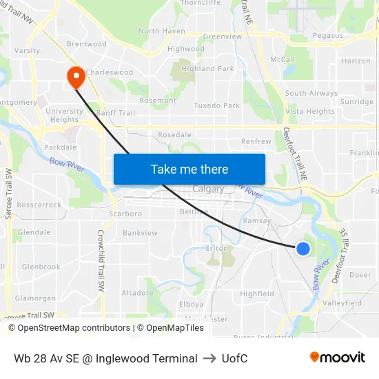 Wb 28 Av SE @ Inglewood Terminal to UofC map