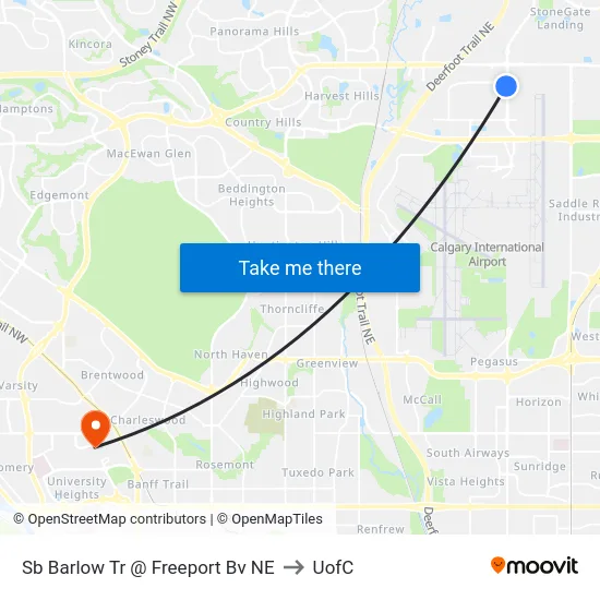 Sb Barlow Tr @ Freeport Bv NE to UofC map