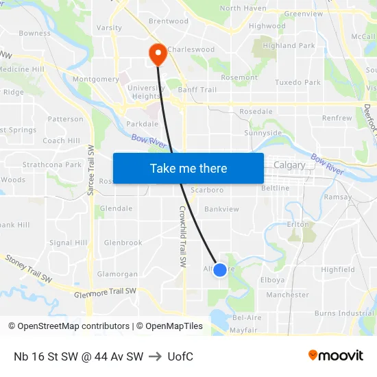 Nb 16 St SW @ 44 Av SW to UofC map