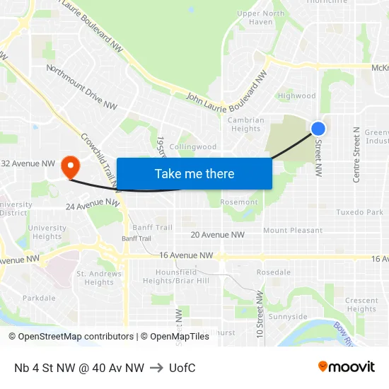 Nb 4 St NW @ 40 Av NW to UofC map