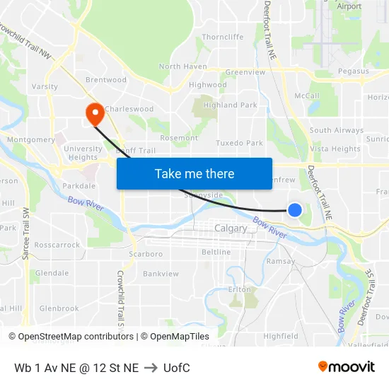 Wb 1 Av NE @ 12 St NE to UofC map