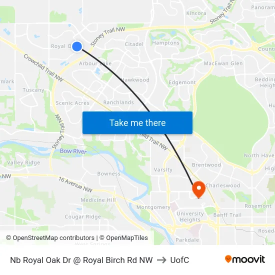 Nb Royal Oak Dr @ Royal Birch Rd NW to UofC map