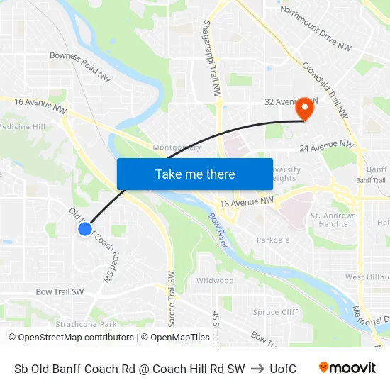 Sb Old Banff Coach Rd @ Coach Hill Rd SW to UofC map