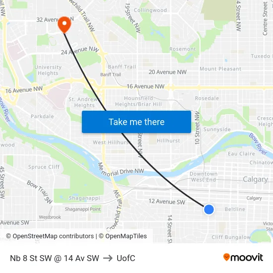 Nb 8 St SW @ 14 Av SW to UofC map