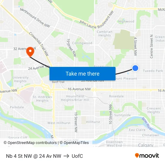Nb 4 St NW @ 24 Av NW to UofC map